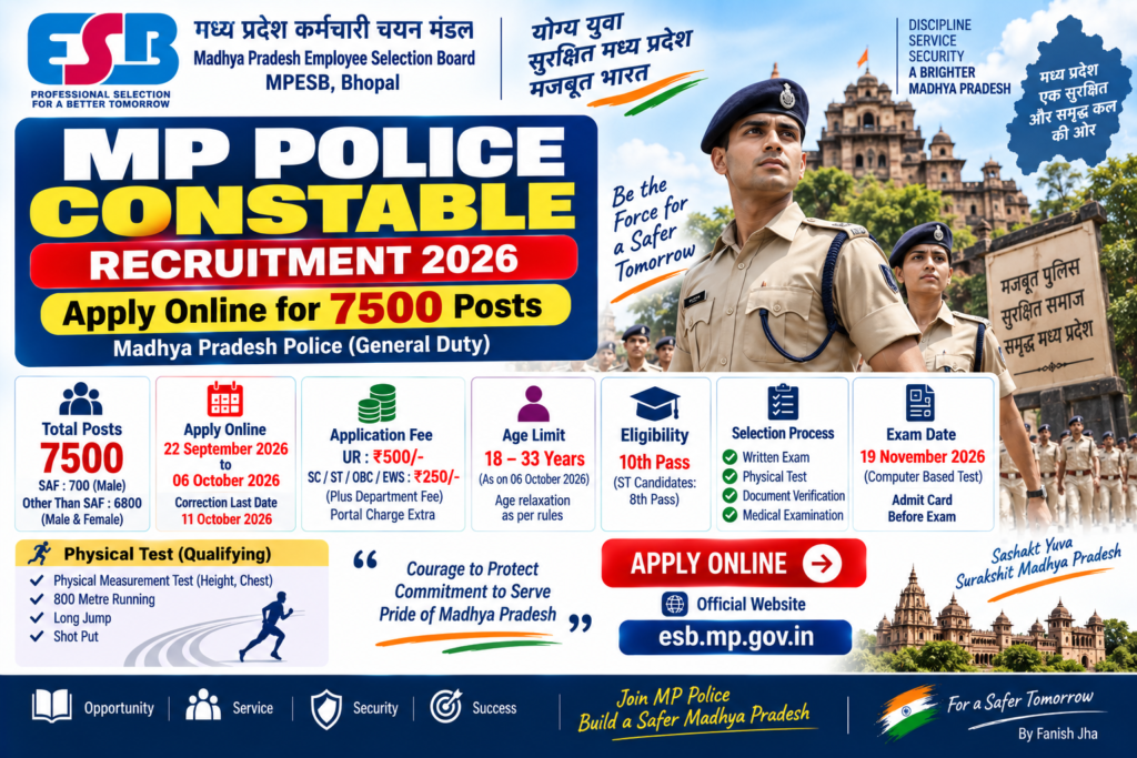 MPESB MP Police Constable Recruitment 2026 for 7500 Constable GD posts