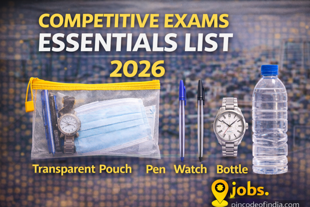 Competitive Exams Essentials List 2026 – Transparent Pouch, Pen, Watch, Bottle