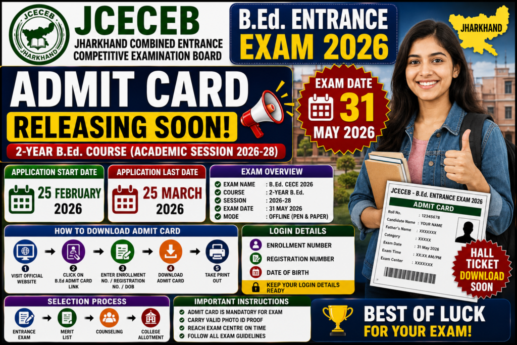 Jharkhand B.Ed Admit Card 2026 ð¥ Exam on 31 May