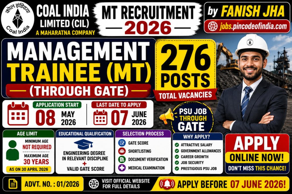Coal India CIL MT Recruitment 2026 🔥 276 Posts Through GATE | Apply Online