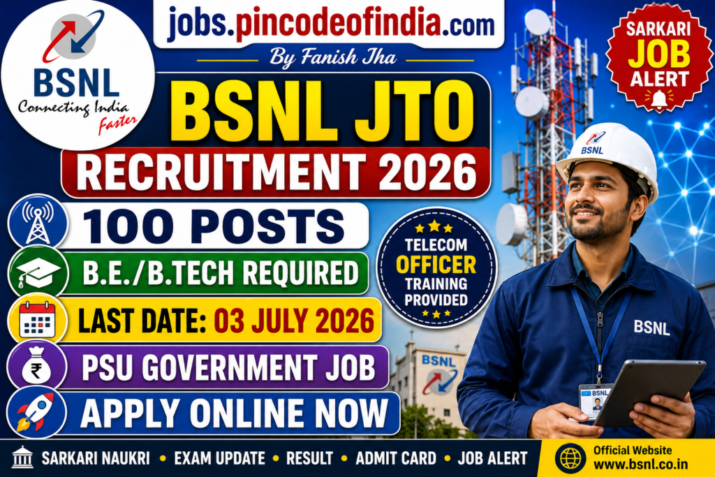 BSNL JTO Recruitment 2026 Exam City Details released for 100 Junior Telecom Officer posts. The exam will be conducted on 23 August 2026. Check Exam City Details & Download Admit Card.