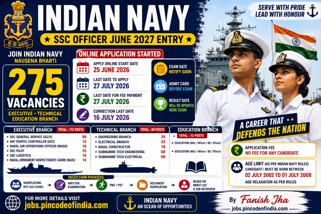 Indian Navy SSC Officer June 2027 Recruitment : Apply Online for 275 Posts(03 August 2026 Extended)