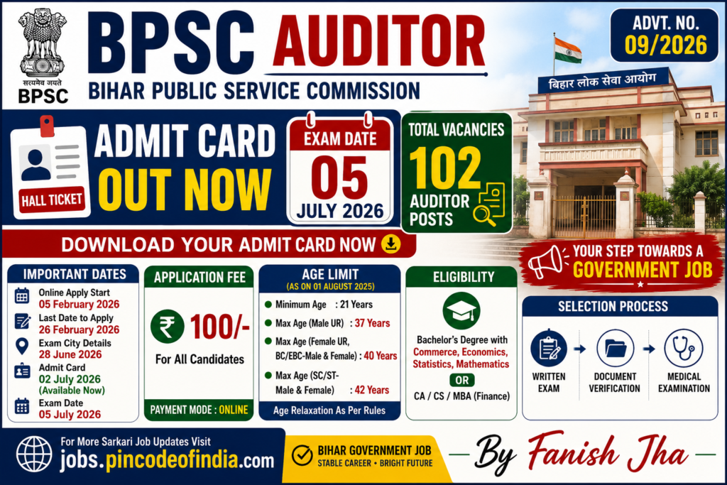 BPSC Auditor 2026 pre Final Answer Key has been released for 102 Auditor posts. Check exam date, answer key download link, exam city details, eligibility, selection process, and complete information here.