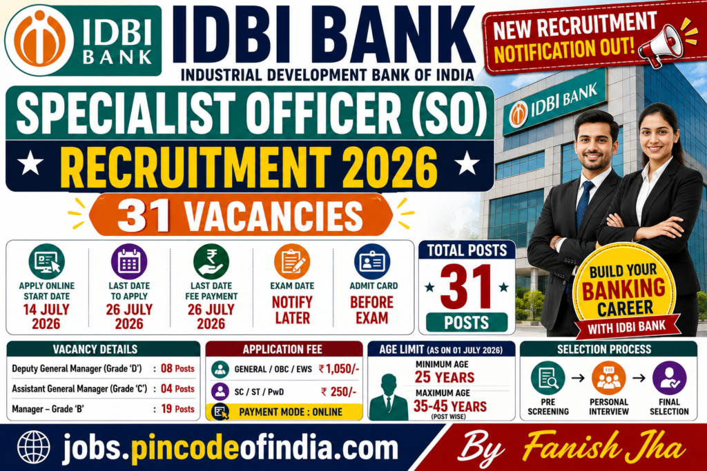 IDBI Bank Specialist Officer SO Recruitment 2026 Apply Online for 31 Posts
