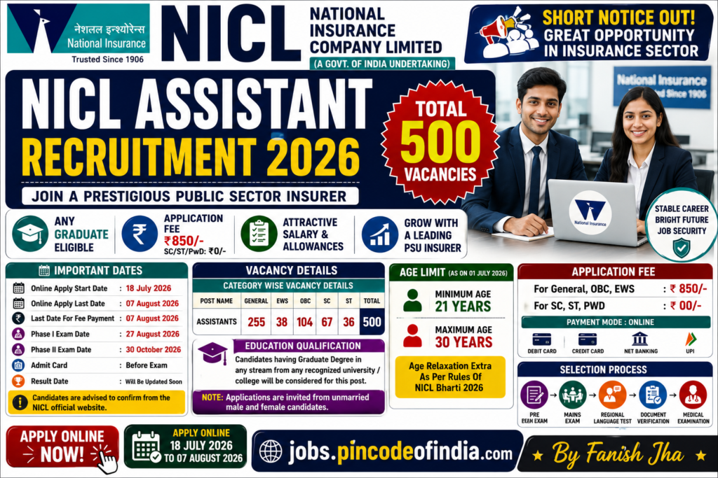 NICL Assistant Recruitment 2026 Apply Online for 500 Posts