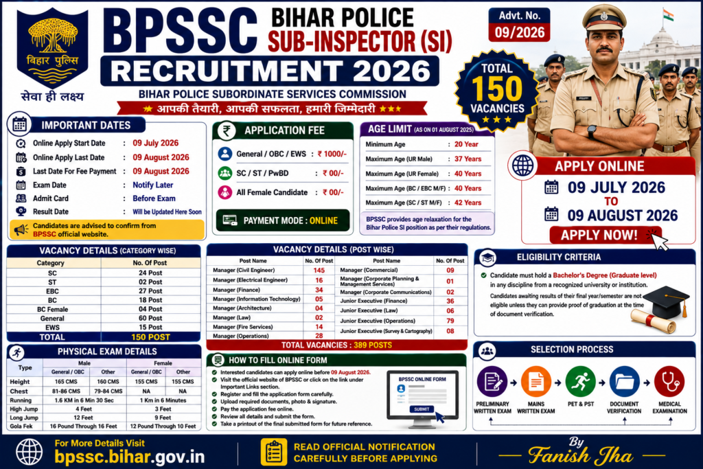 BPSSC Bihar Police SI Recruitment 2026 – Apply Online for 150 Posts (Last Date Today)