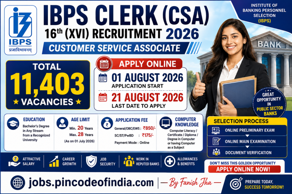 IBPS Clerk (CSA) 16th Recruitment 2026: Apply Online for 11,403 Customer Service Associate Posts