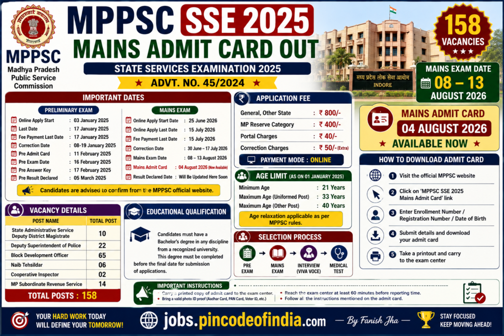 MPPSC State Services SSE 2025 Mains Admit Card Out – Download Hall Ticket for 158 Posts