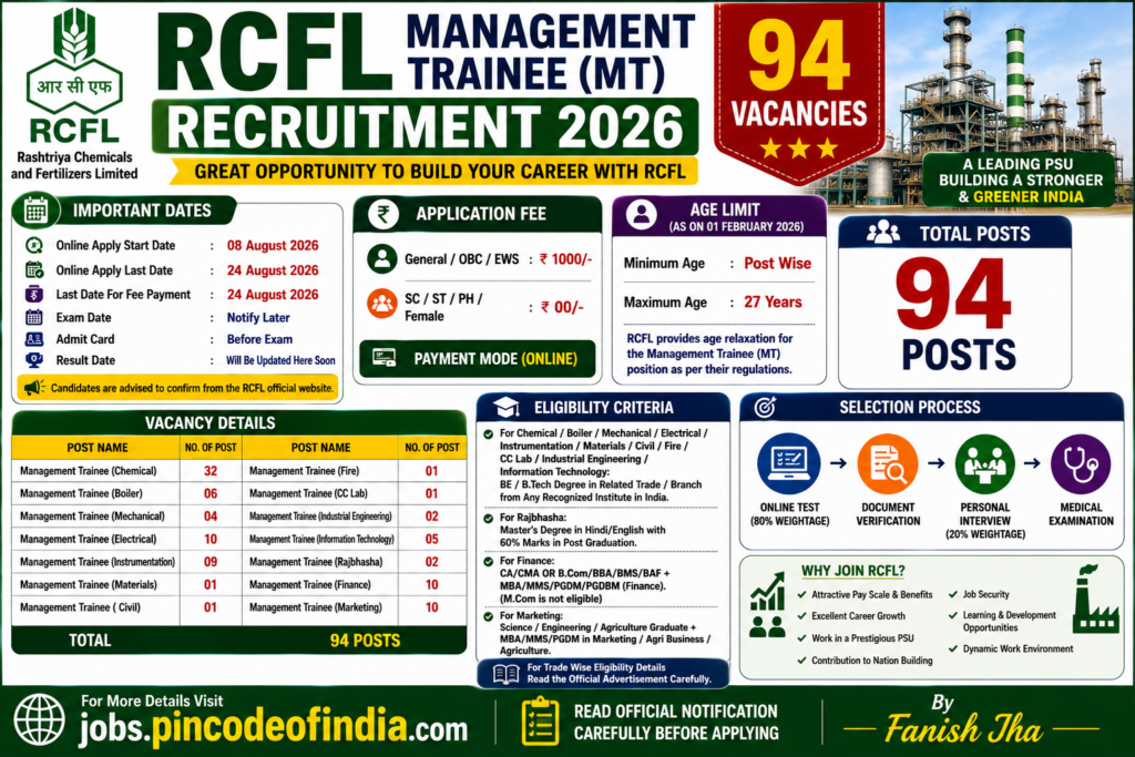 RCFL Management Trainee Recruitment 2026 Apply Online for 94 Posts 1 RCFL Management Trainee Recruitment 2026 notification released for 94 vacancies. Apply online from 08 August to 24 August 2026. Check eligibility, age limit, application fee, vacancy details, selection process, and important dates.