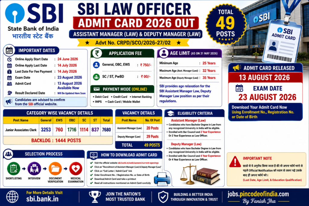 SBI Assistant Manager Law and Deputy Manager Law Admit Card 2026 released on 13 August 2026. Check exam date, download process, vacancy, age limit, eligibility and selection process.