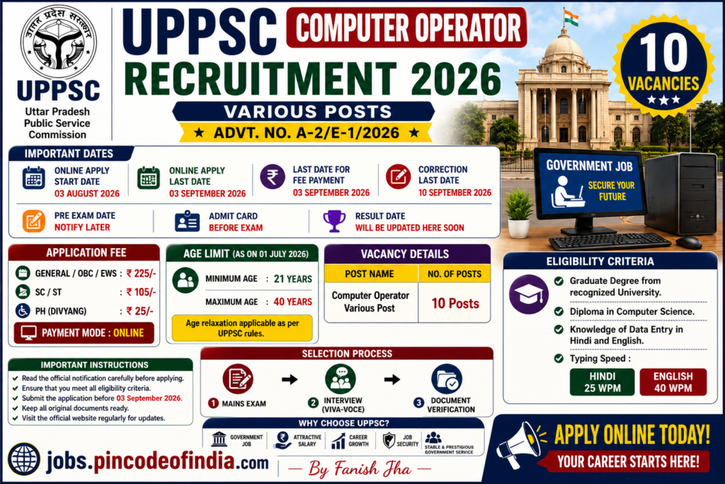 UPPSC Computer Operator Recruitment 2026 Apply Online for 10 Posts
