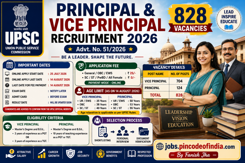 UPSC Principal & Vice Principal Recruitment 2026 Apply Online for 828 Posts