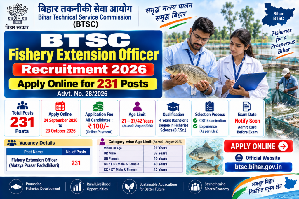 BTSC Fishery Extension Officer Recruitment 2026 for 231 posts