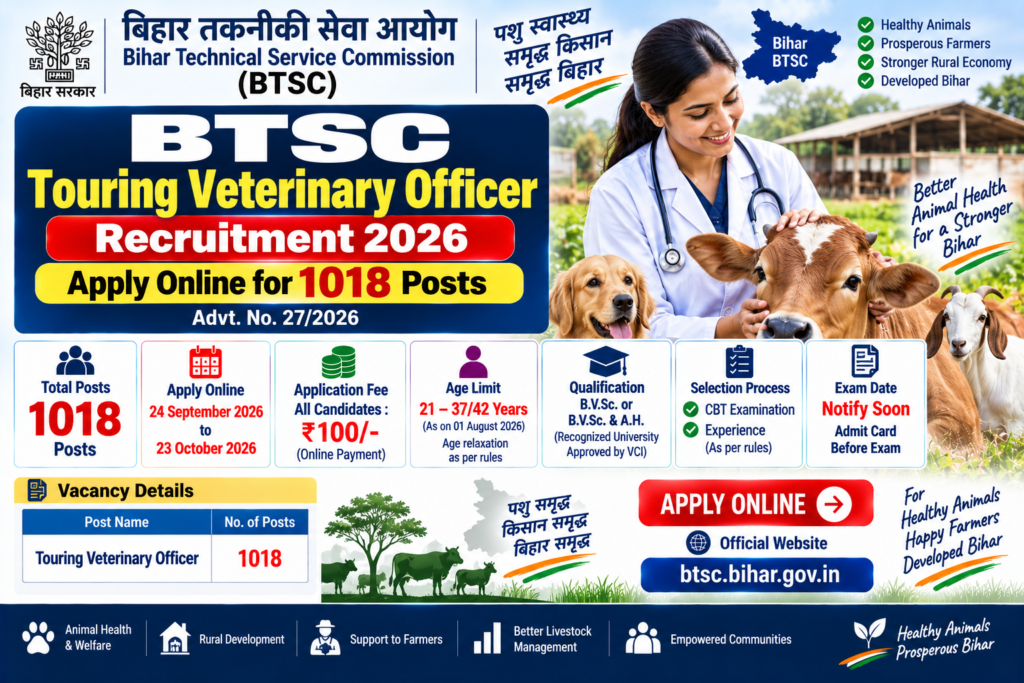BTSC Touring Veterinary Officer Recruitment 2026: Apply Online for 1018 Posts 1 BTSC Touring Veterinary Officer Recruitment 2026 for 1018 posts