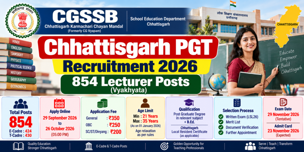 Chhattisgarh PGT Recruitment 2026 for 854 Lecturer Posts