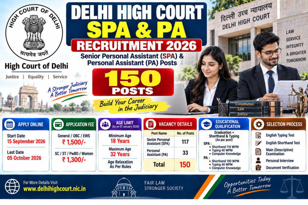 Delhi High Court SPA & PA Recruitment 2026: Apply Online for 150 Posts 1 Delhi High Court SPA and PA Recruitment 2026 for 150 posts