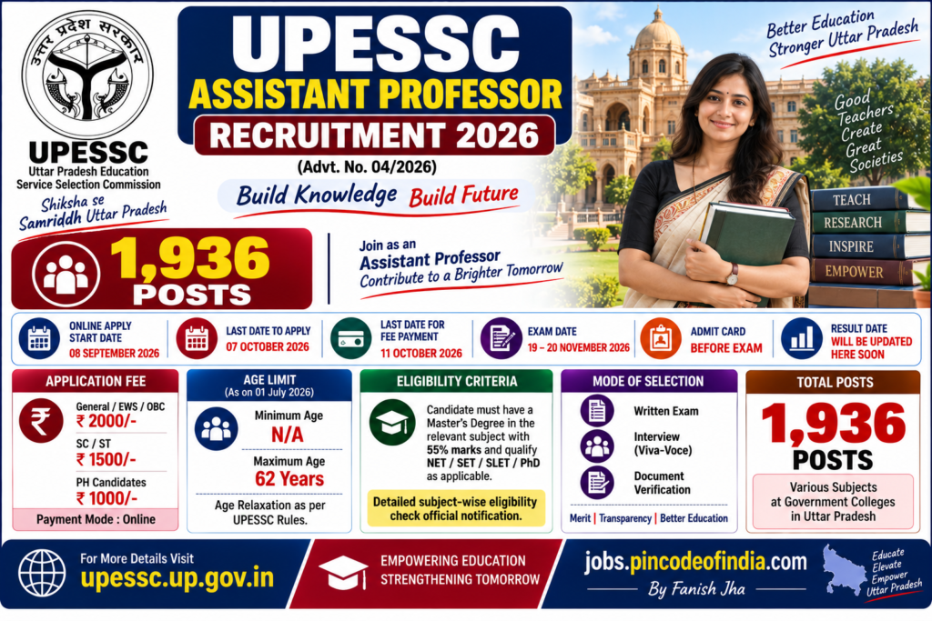 UPESSC UP Assistant Professor Recruitment 2026 for 1936 posts – Apply Online