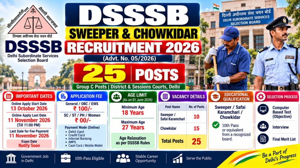 DSSSB Sweeper & Chowkidar Recruitment 2026 for 25 posts