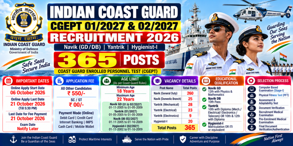 Indian Coast Guard CGEPT 01/2027 & 02/2027 Recruitment (Last Date Today) – 365 Posts, Apply Online 1 Indian Coast Guard CGEPT 01/2027 & 02/2027 Recruitment – 365 Navik GD, Navik DB, Yantrik and Hygienist-I posts