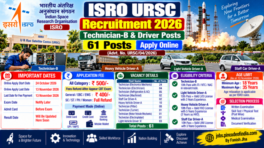 ISRO URSC Recruitment 2026 for 61 Technician-B and driver vacancies