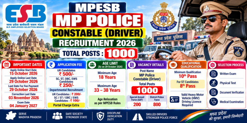 MPESB MP Police Constable Driver Recruitment 2026 for 1000 posts