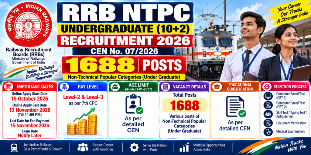 RRB NTPC Undergraduate Recruitment 2026 for 1688 posts under CEN 07/2026