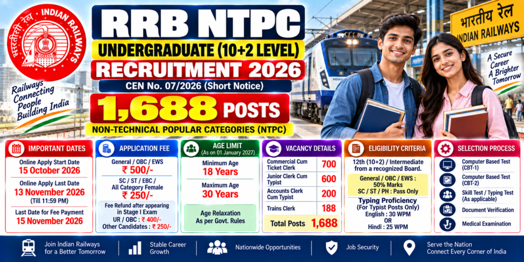 RRB NTPC Undergraduate Recruitment 2026 – 1688 Posts, Apply Online 1 RRB NTPC Undergraduate Recruitment 2026 for 1688 posts