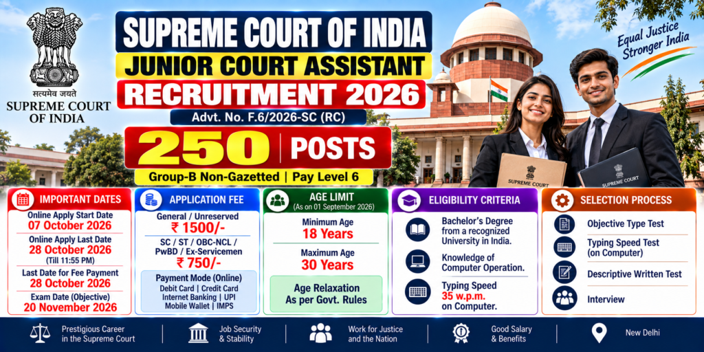 Supreme Court Junior Court Assistant Recruitment 2026 – 250 Posts, Apply Online 1 Supreme Court Junior Court Assistant Recruitment 2026 for 250 posts