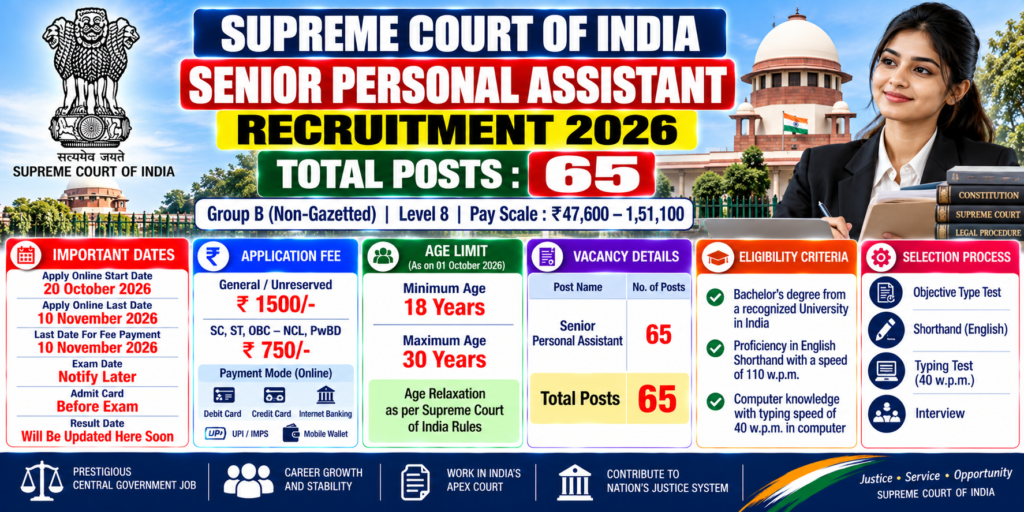 Supreme Court SPA Recruitment 2026 – Apply Online for 65 Posts 1 Supreme Court SPA Recruitment 2026 For 65 Posts