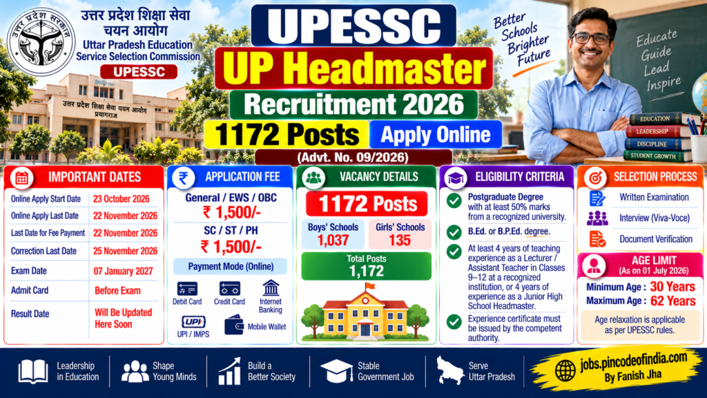 UPESSC UP Headmaster Recruitment 2026 for 1,172 Headmaster vacancies