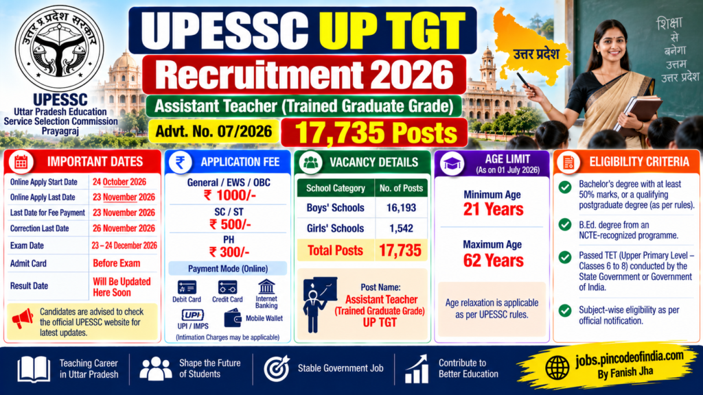 UPESSC UP TGT Recruitment 2026 for 17,735 Assistant Teacher vacancies